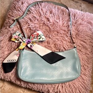 Vintage GUCCI Light Blue Shoulder Bag with Floral Gucci Scarf